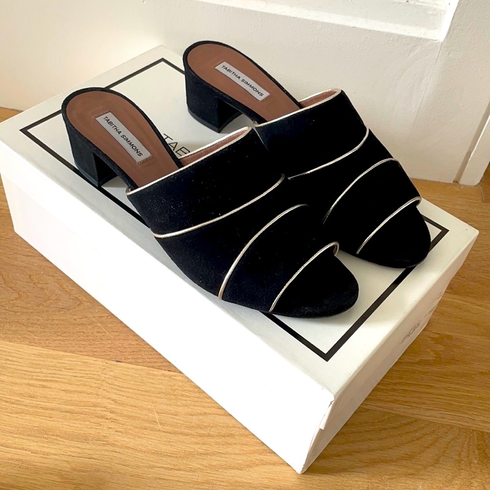 Tabitha Simmons black suede mule with block heel
